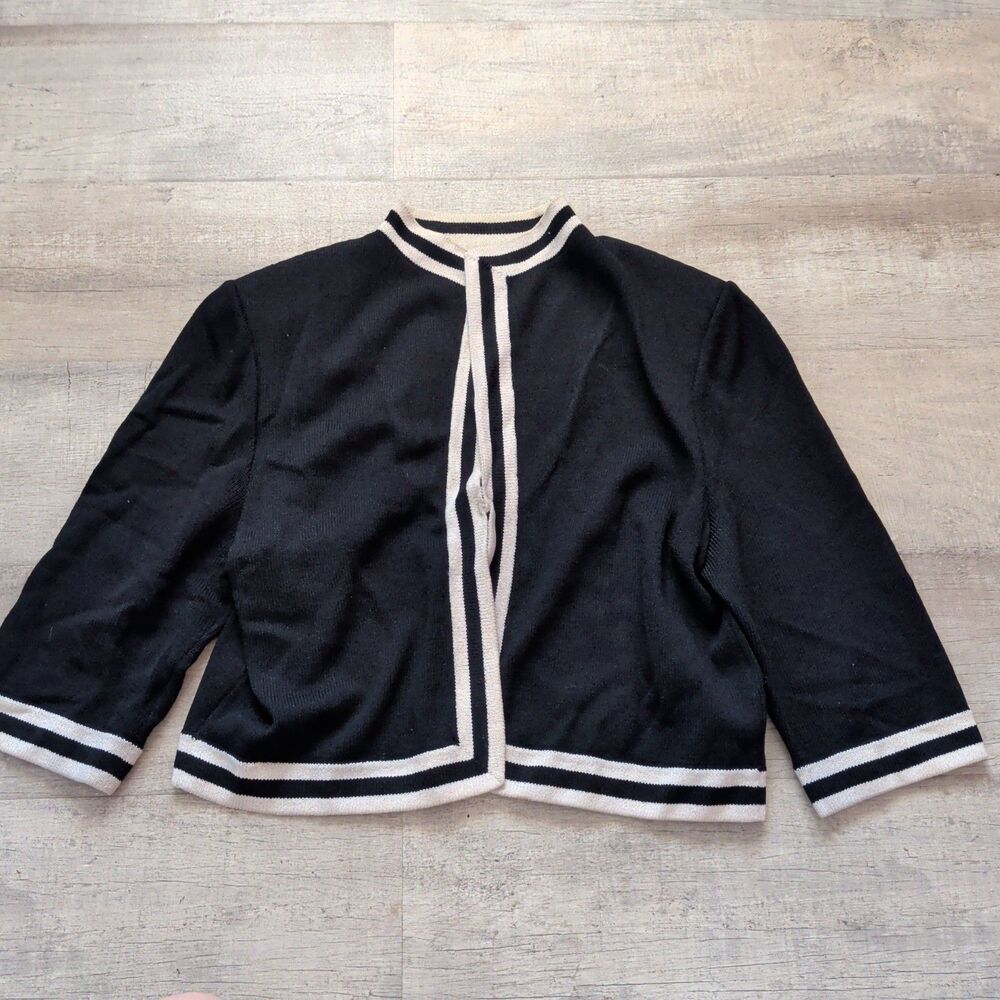 St John Collection Knit Jacket Women 14 Black White Trim Cardigan Crop Luxury